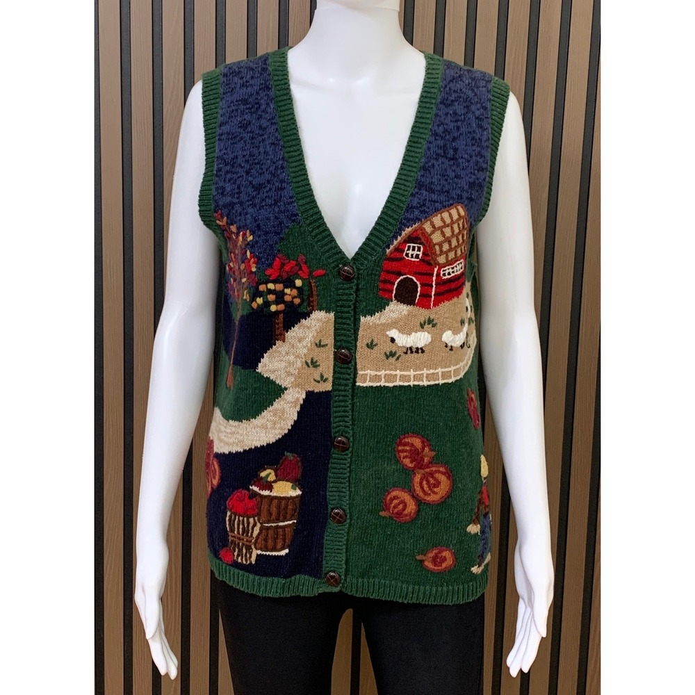 Vintage Capacity Farm Scene Knit Sweater Vest Small Cottagecore Barn Sheep Green